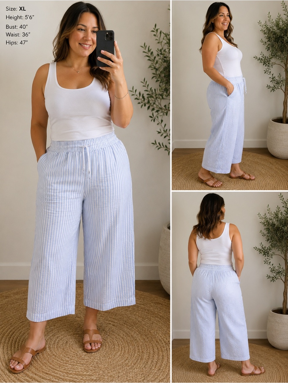 Quince Light Blue & White Striped Cropped Wide-Leg Linen Blend Pants